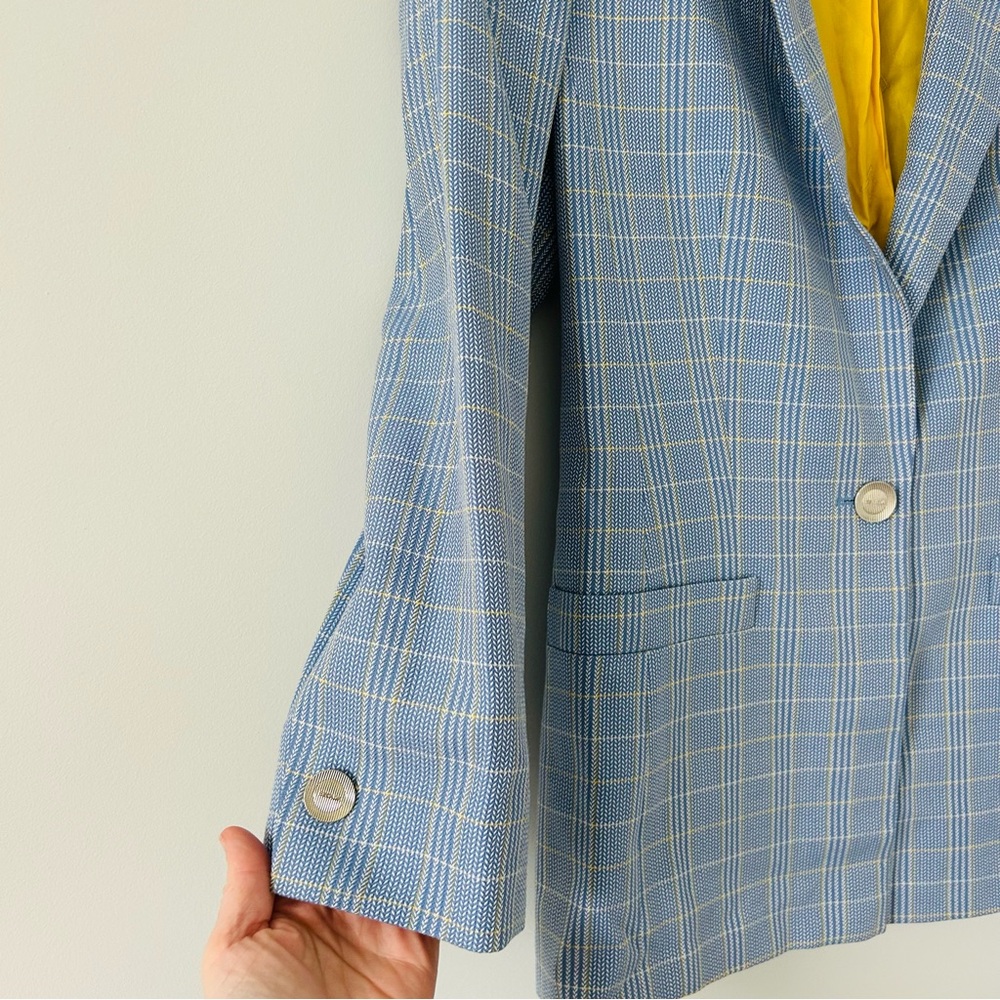 Vintage Escada Light Blue Yellow Plaid Single Button Wool Silk Blazer Jacket 36 - Picture 5 of 9